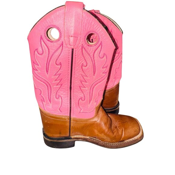 Old West Childrens Square Toe Pink Brown Lower Leather Cowboy Western Boots 3.5D - Picture 7 of 11